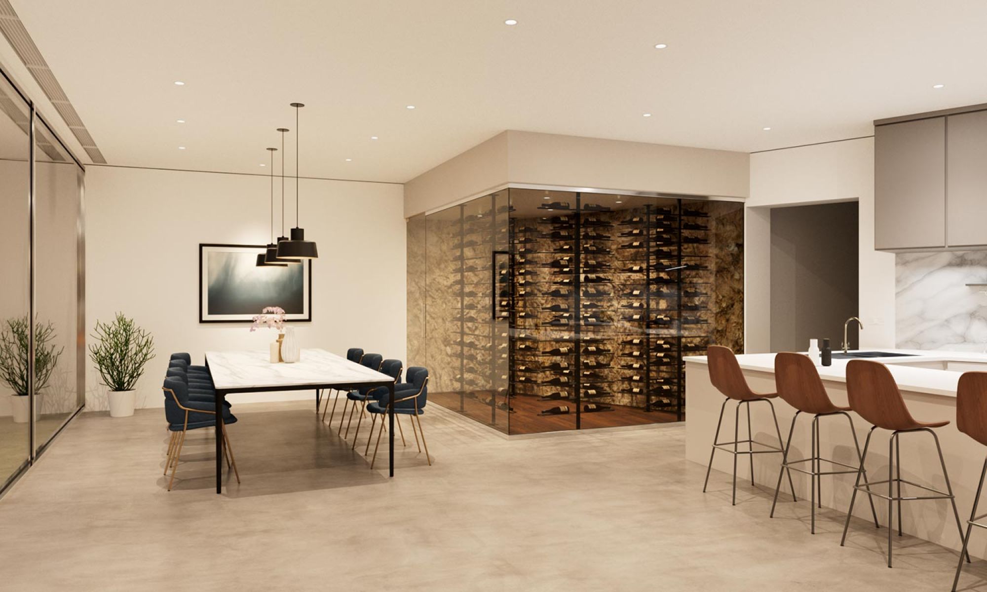 A contemporary dining and kitchen area with a glass-enclosed wine storage display, pendant lighting, and a sleek white island with wooden barstools.